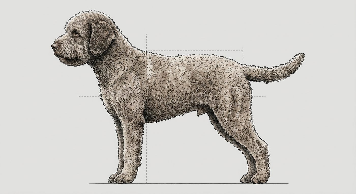 Lagotto Romagnolo Seitenansicht: Rassezeichnung mit Vermassung von Körperlänge und Widerristhöhe (Illustration, KI-generiert)