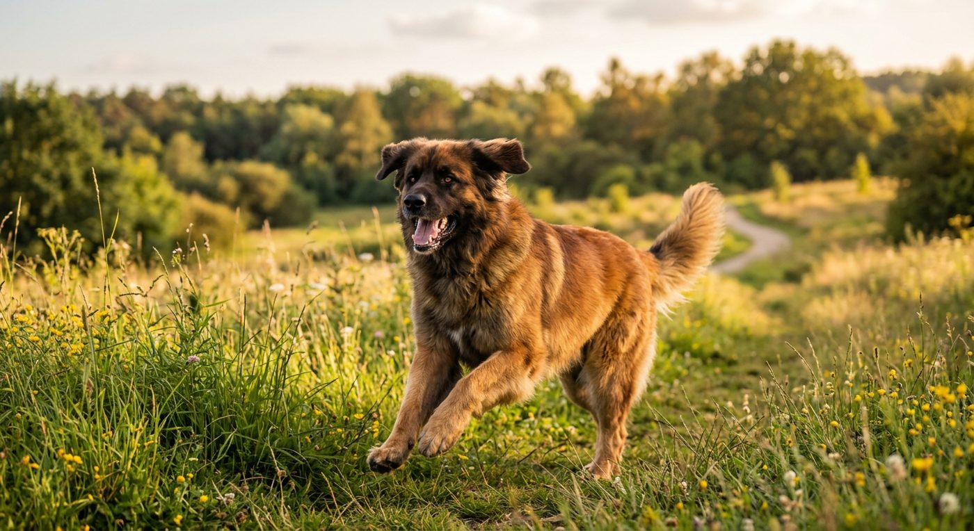 Aktiver, gesunder Leonberger im Freien (symbolische Fotodarstellung, KI-generiert)
