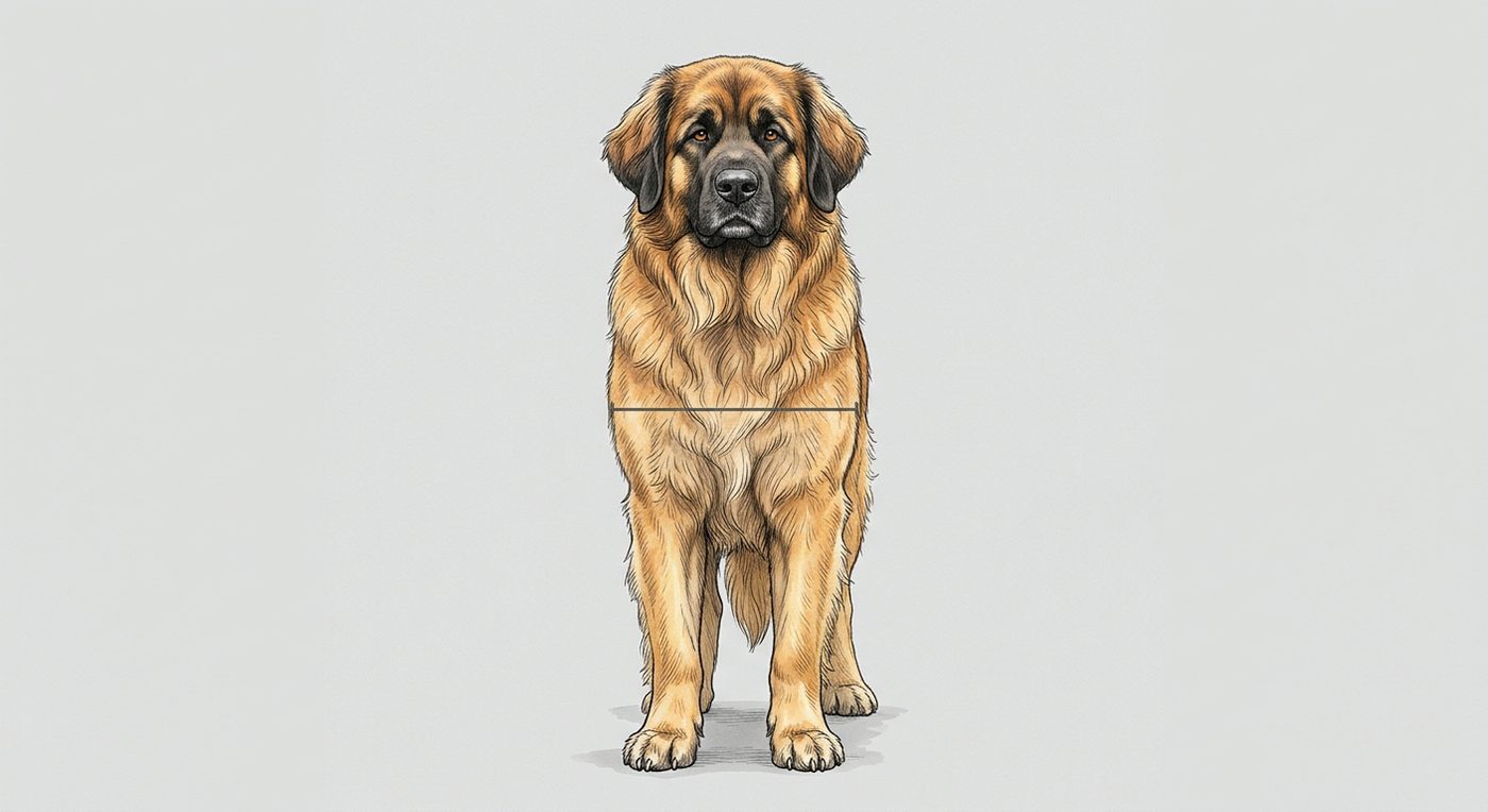 Leonberger Frontalansicht: Rassezeichnung mit Vermassung der Brustbreite (Illustration, KI-generiert)