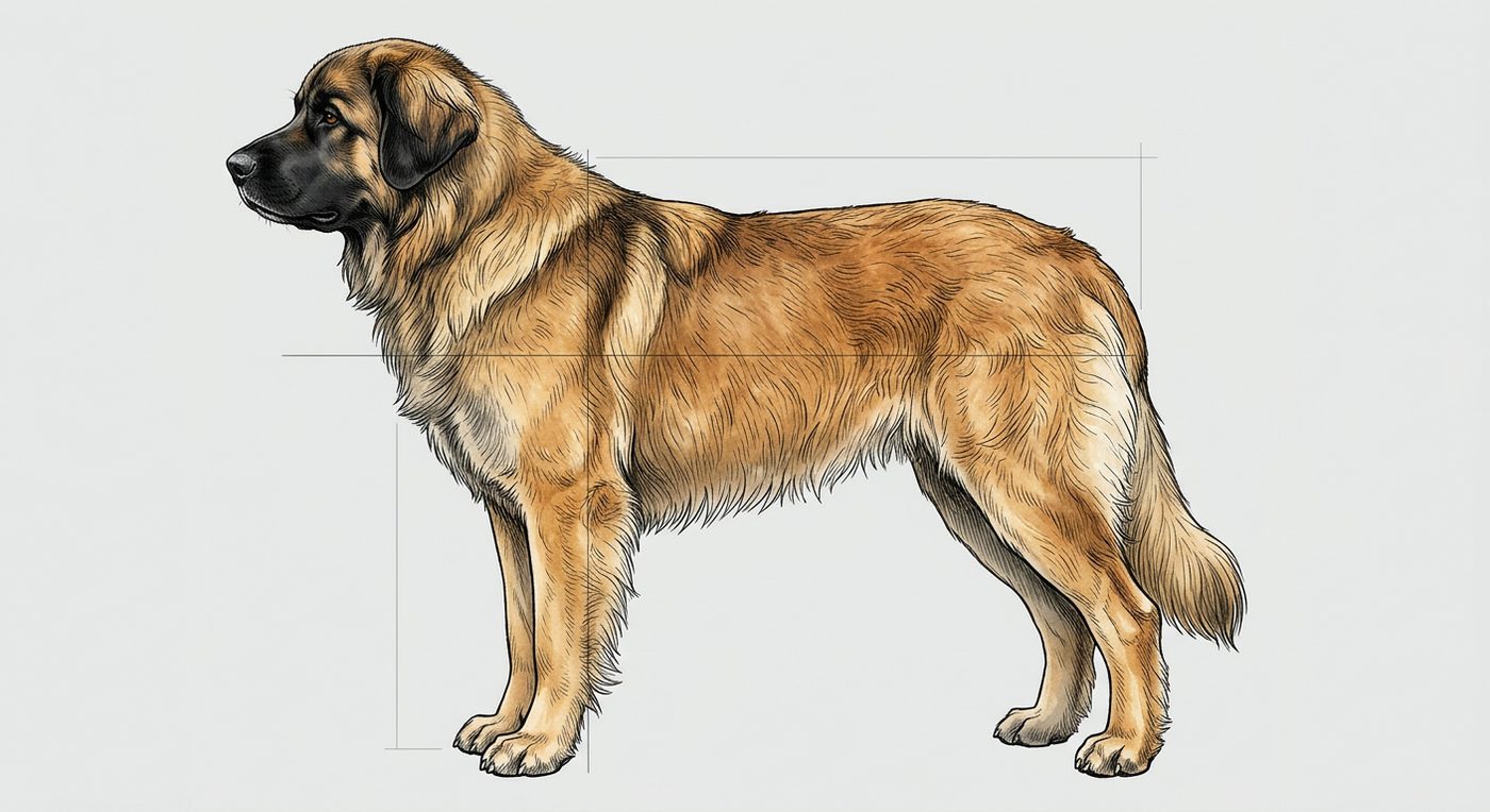 Leonberger Seitenansicht: Rassezeichnung mit Vermassung von Körperlänge und Widerristhöhe (Illustration, KI-generiert)