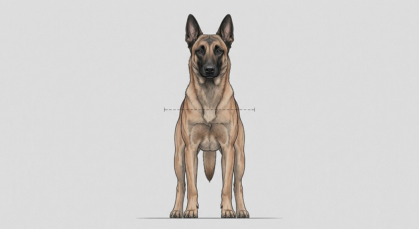 Malinois Frontalansicht: Rassezeichnung mit Vermassung der Brustbreite (Illustration, KI-generiert)