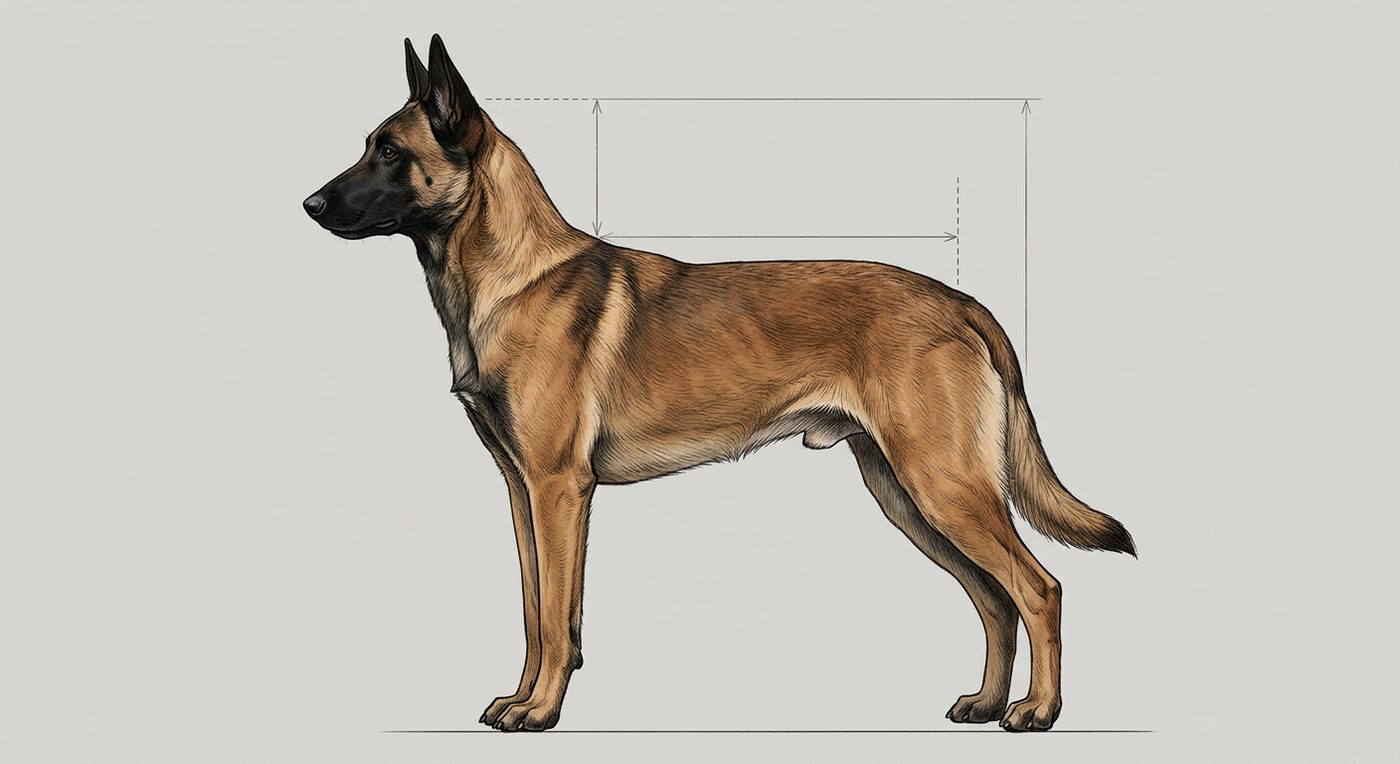 Malinois Seitenansicht: Rassezeichnung mit Vermassung von Körperlänge und Widerristhöhe (Illustration, KI-generiert)
