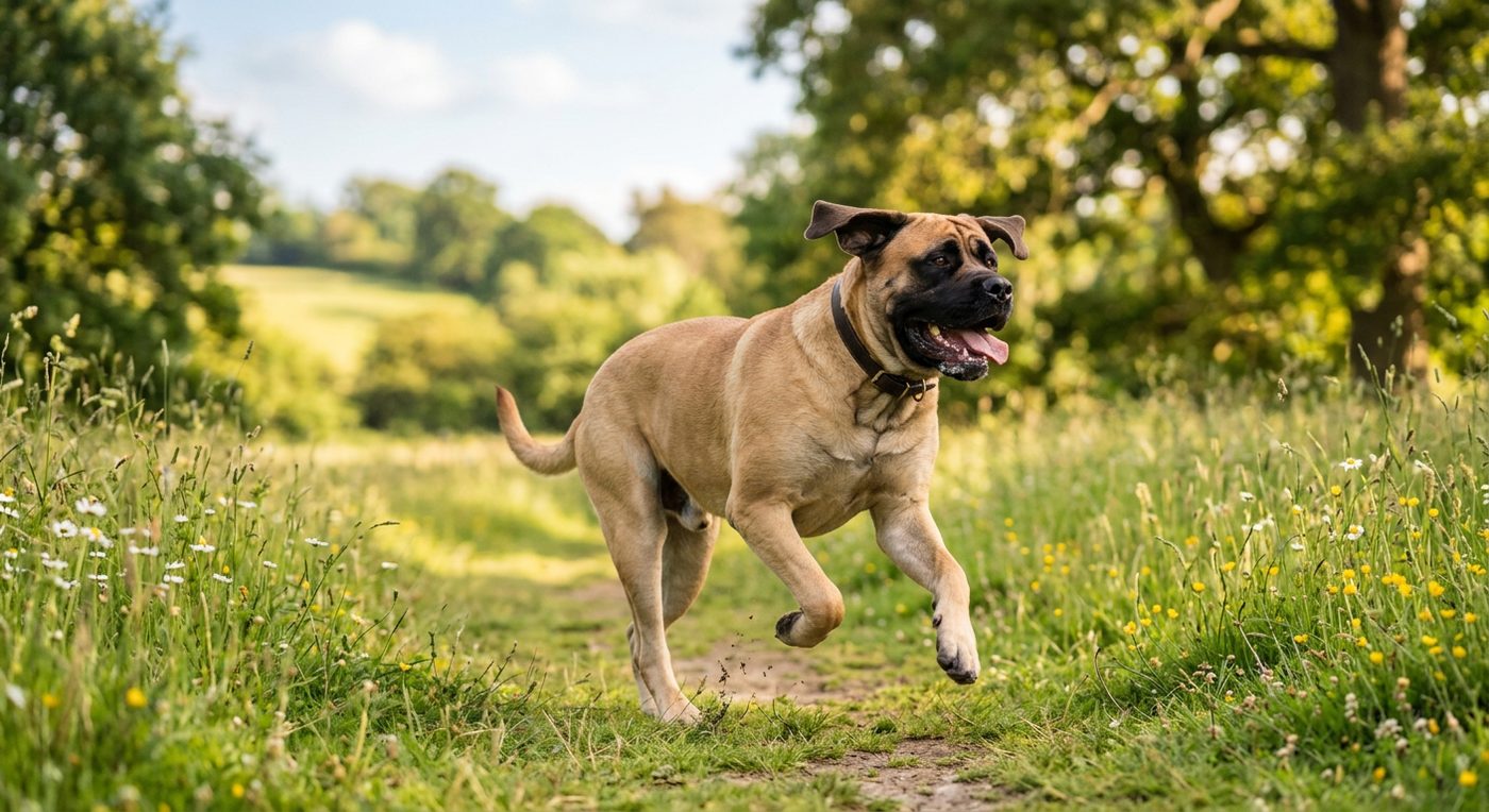 Aktiver, gesunder Mastiff im Freien (symbolische Fotodarstellung, KI-generiert)