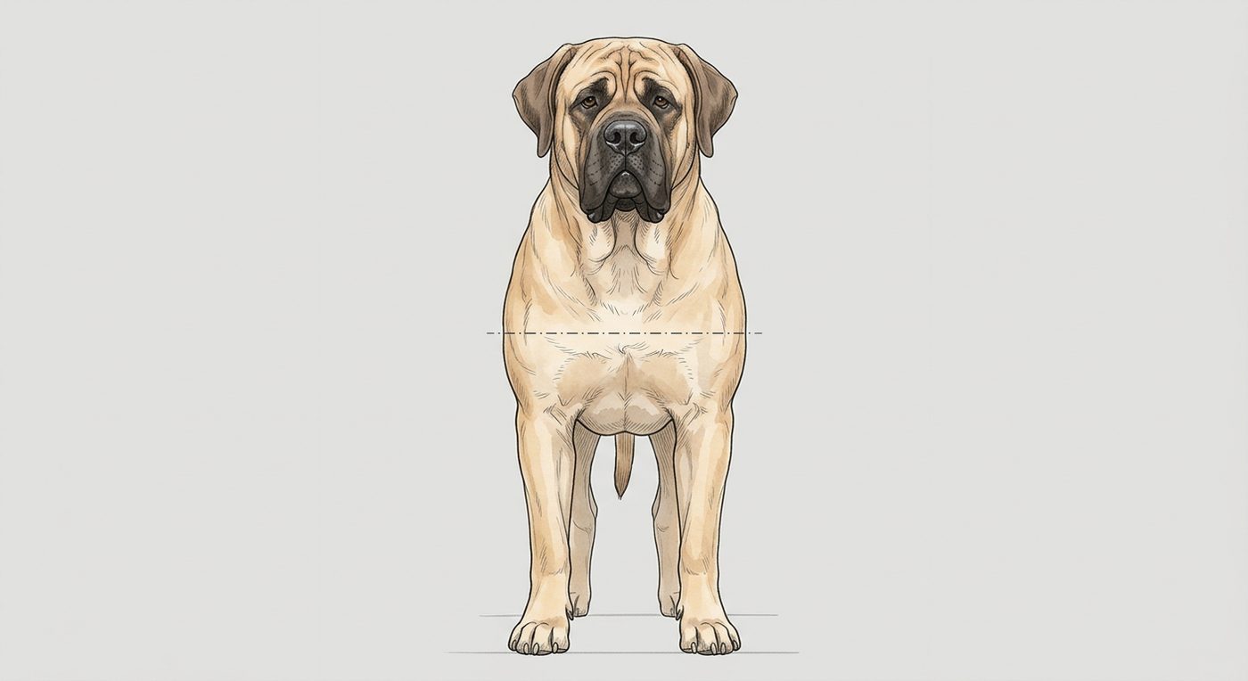 Mastiff Frontalansicht: Rassezeichnung mit Vermassung der Brustbreite (Illustration, KI-generiert)
