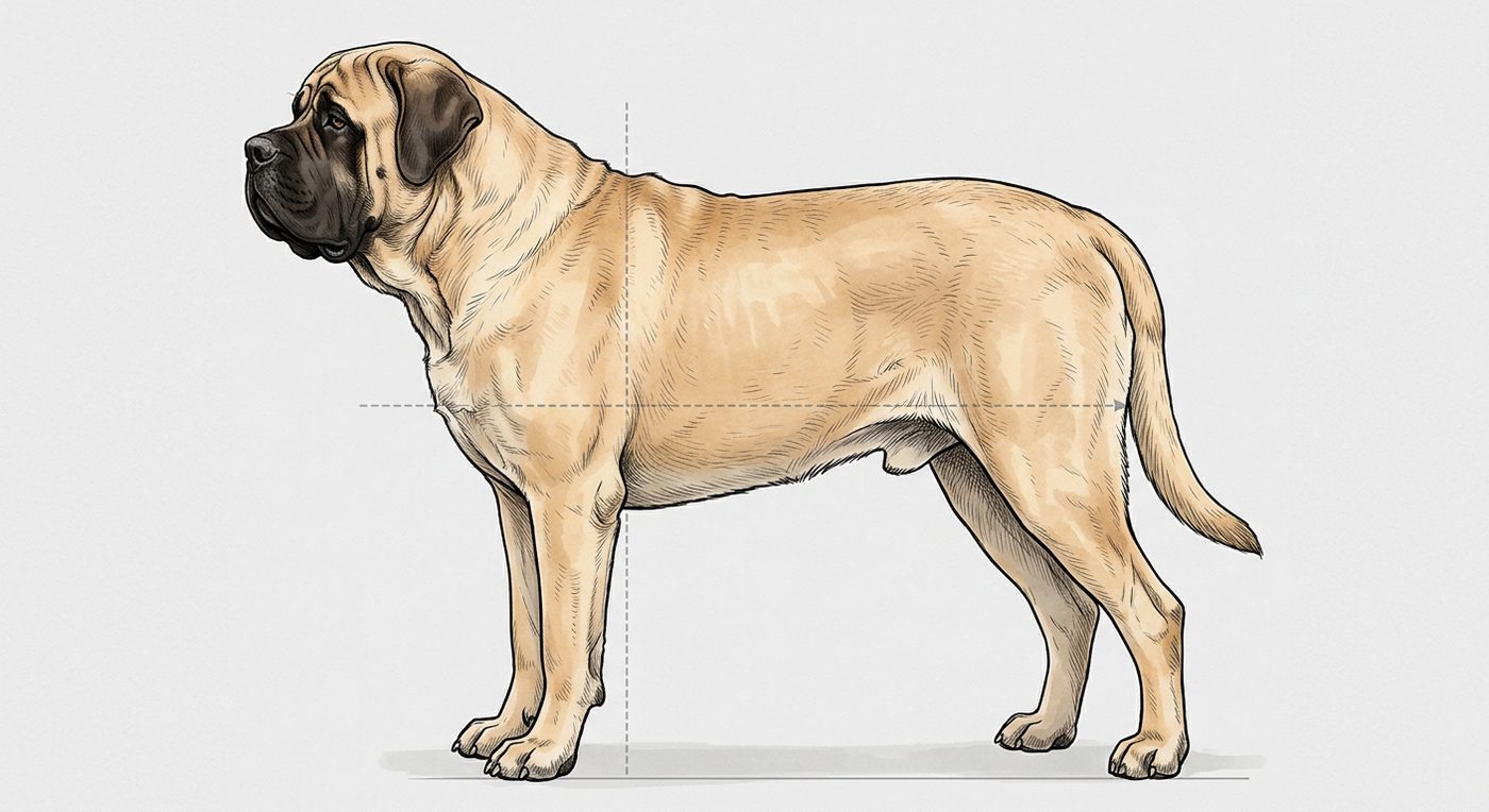Mastiff Seitenansicht: Rassezeichnung mit Vermassung von Körperlänge und Widerristhöhe (Illustration, KI-generiert)