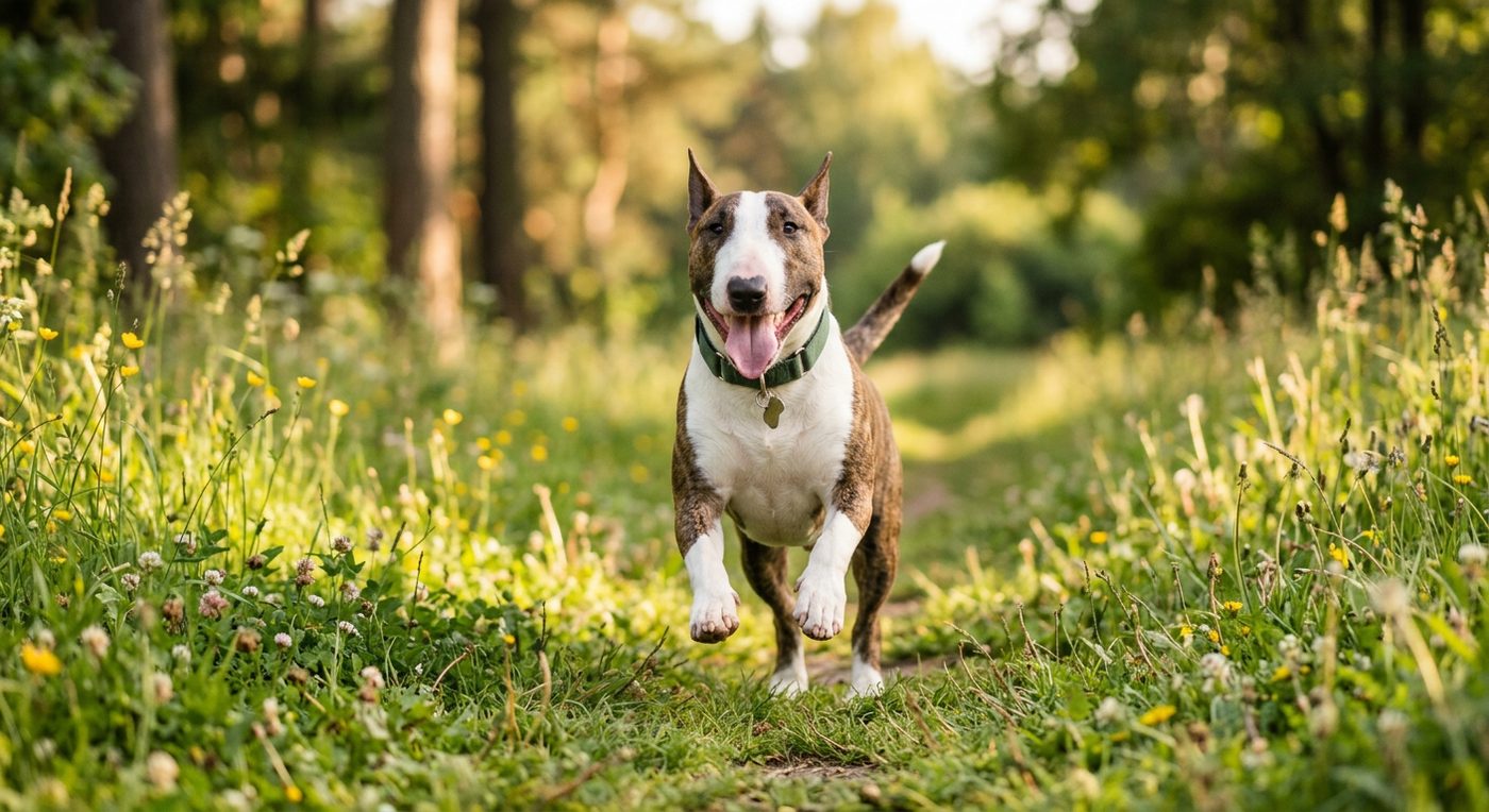 Aktiver, gesunder Miniatur-Bullterrier im Freien (symbolische Fotodarstellung, KI-generiert)