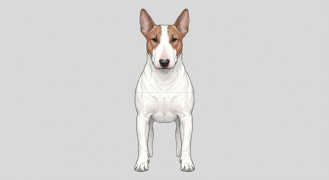 Miniatur-Bullterrier Frontalansicht: Rassezeichnung mit Vermassung der Brustbreite (Illustration, KI-generiert)