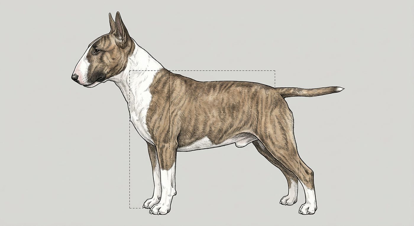 Miniatur-Bullterrier Seitenansicht: Rassezeichnung mit Vermassung von Körperlänge und Widerristhöhe (Illustration, KI-generiert)