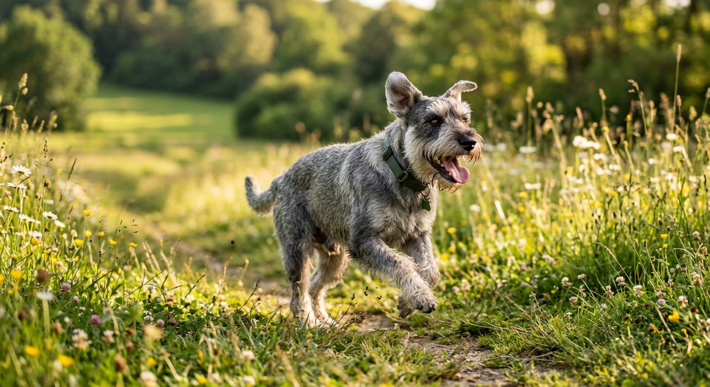 Aktiver, gesunder Mittelschnauzer im Freien (symbolische Fotodarstellung, KI-generiert)