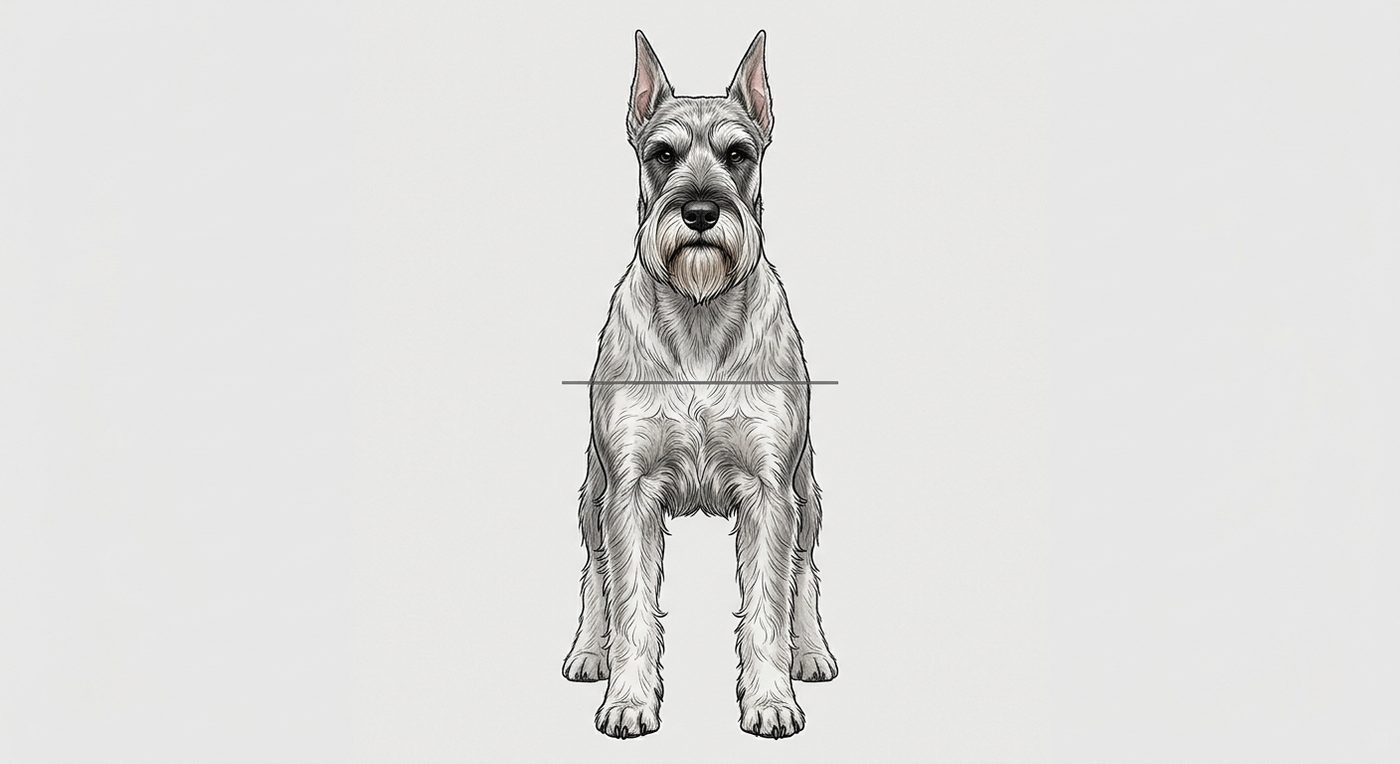 Mittelschnauzer Frontalansicht: Rassezeichnung mit Vermassung der Brustbreite (Illustration, KI-generiert)