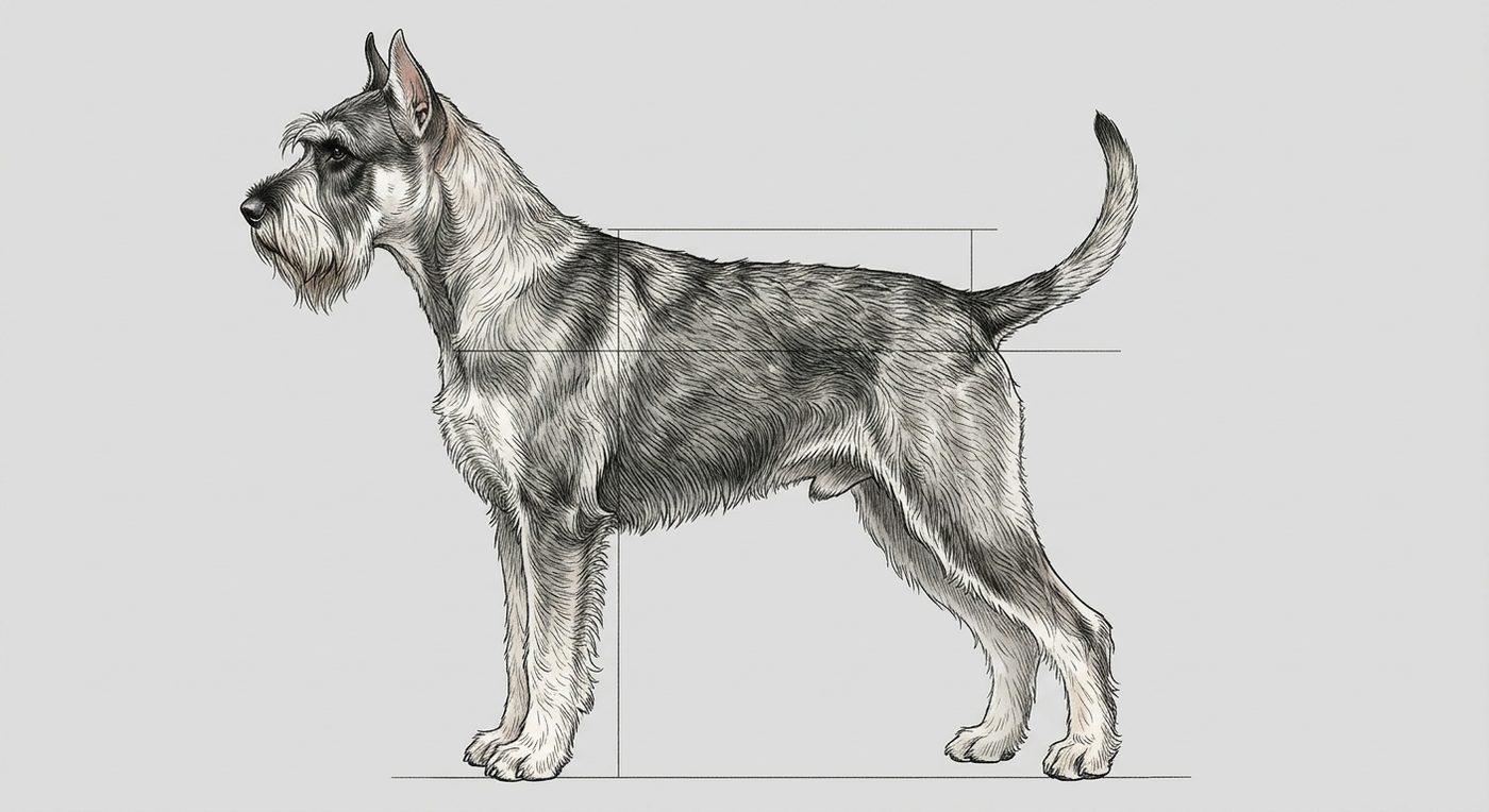 Mittelschnauzer Seitenansicht: Rassezeichnung mit Vermassung von Körperlänge und Widerristhöhe (Illustration, KI-generiert)