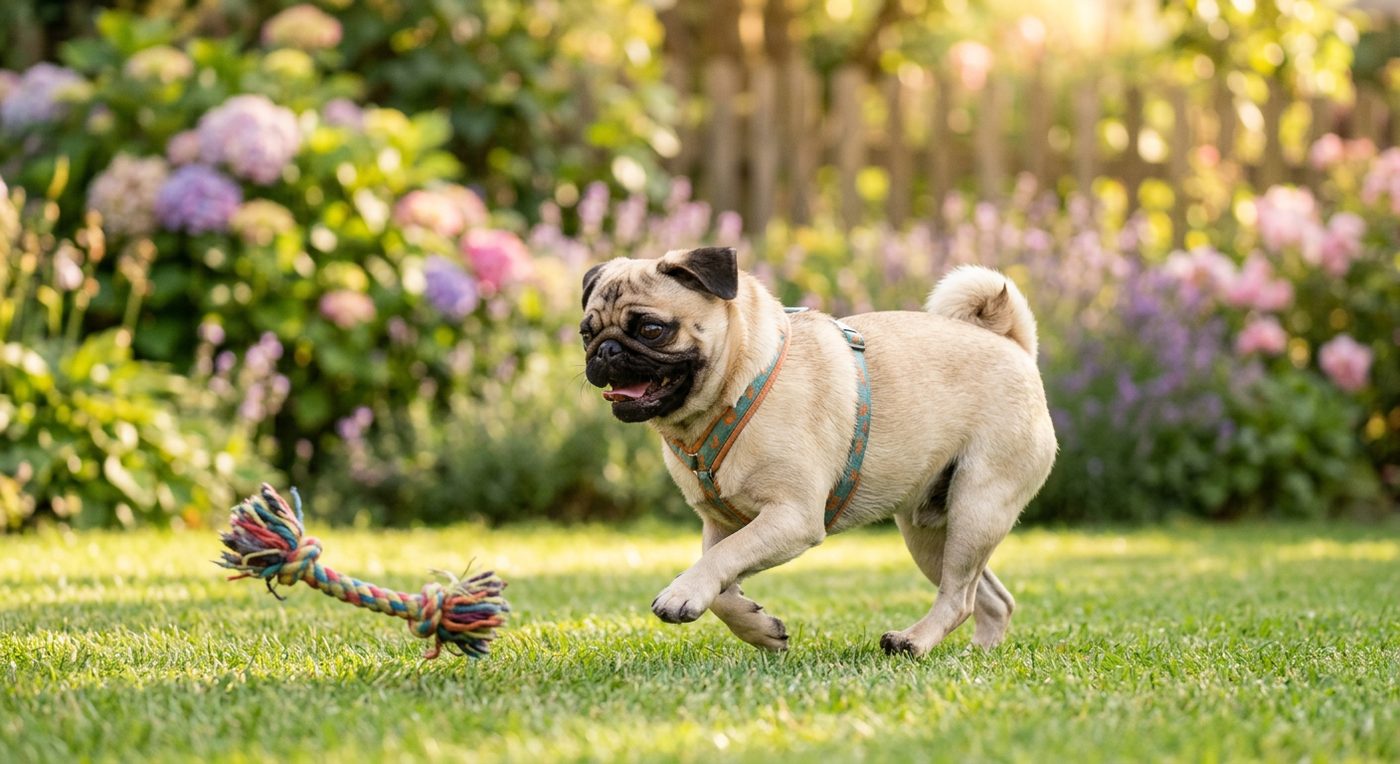 Aktiver, gesunder Mops beim Spielen im Garten (symbolische Fotodarstellung, KI-generiert)
