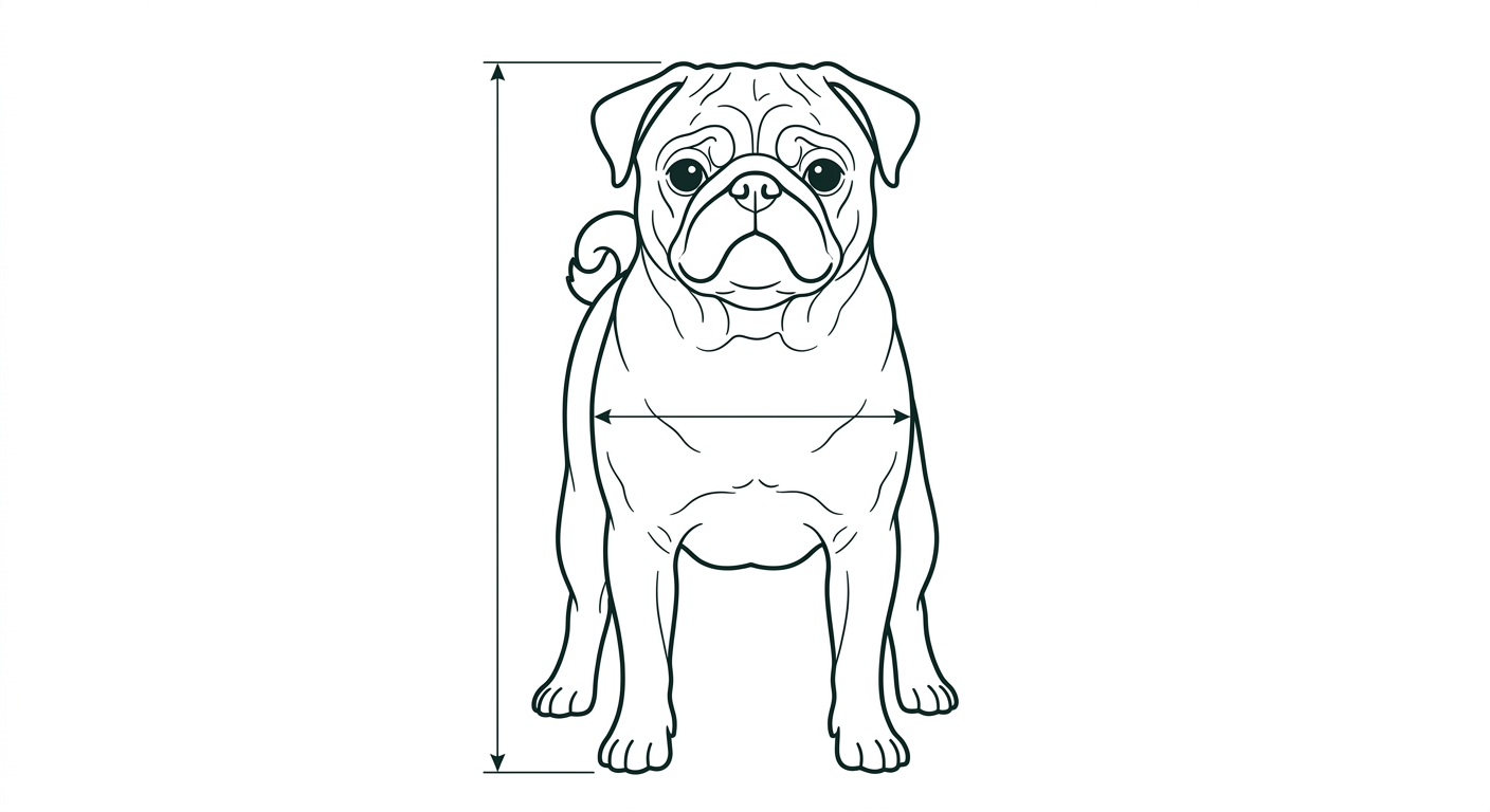 Mops Frontalansicht: Rassezeichnung mit Vermassung der Brustbreite (Illustration, KI-generiert)