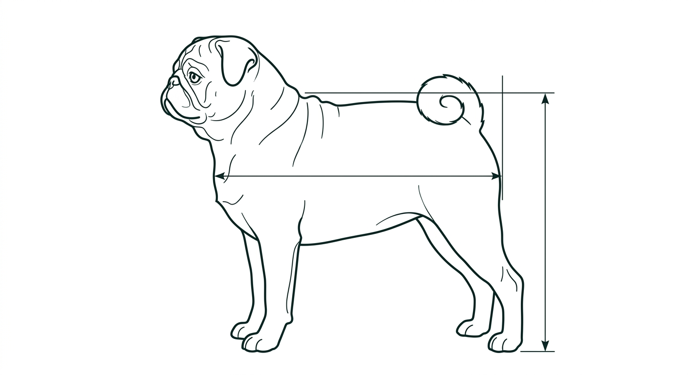 Mops Seitenansicht: Rassezeichnung mit Vermassung von Körperlänge und Widerristhöhe (Illustration, KI-generiert)