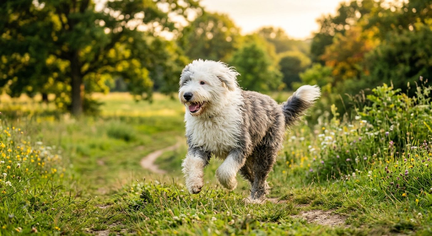Aktiver, gesunder Old English Sheepdog im Freien (symbolische Fotodarstellung, KI-generiert)