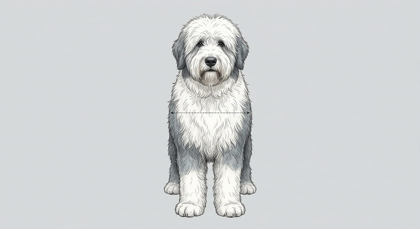 Old English Sheepdog Frontalansicht: Rassezeichnung mit Vermassung der Brustbreite (Illustration, KI-generiert)