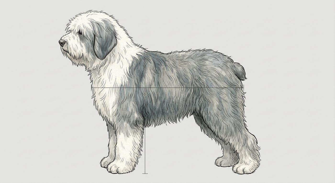 Old English Sheepdog Seitenansicht: Rassezeichnung mit Vermassung von Körperlänge und Widerristhöhe (Illustration, KI-generiert)