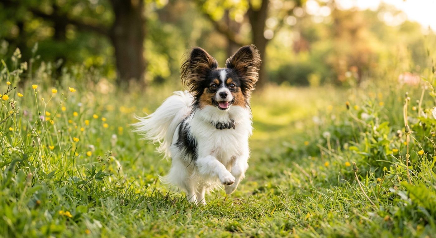 Aktiver, gesunder Papillon im Freien (symbolische Fotodarstellung, KI-generiert)