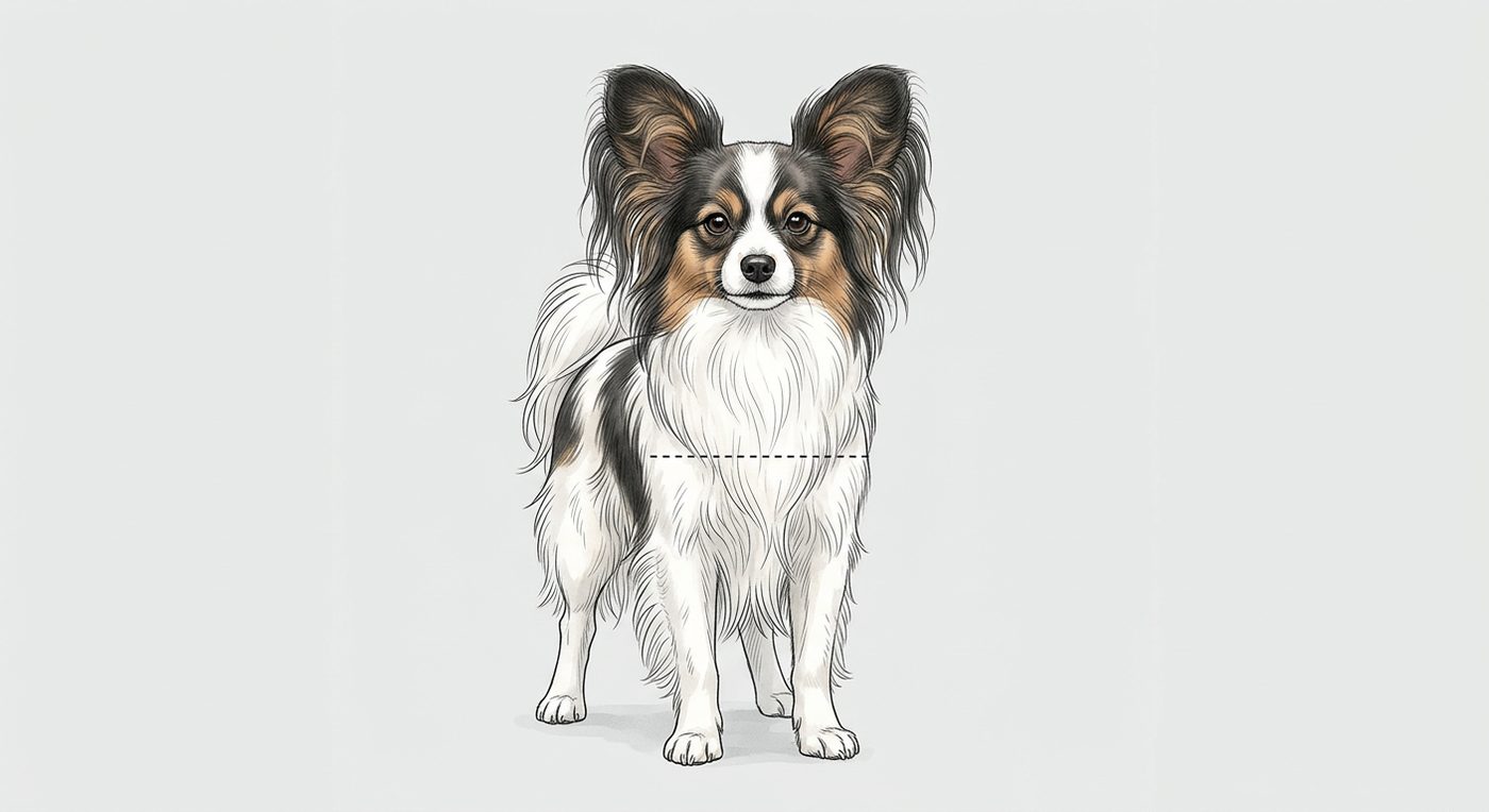 Papillon Frontalansicht: Rassezeichnung mit Vermassung der Brustbreite (Illustration, KI-generiert)