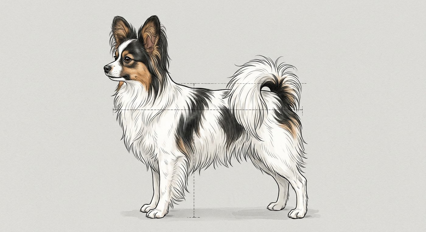 Papillon Seitenansicht: Rassezeichnung mit Vermassung von Körperlänge und Widerristhöhe (Illustration, KI-generiert)