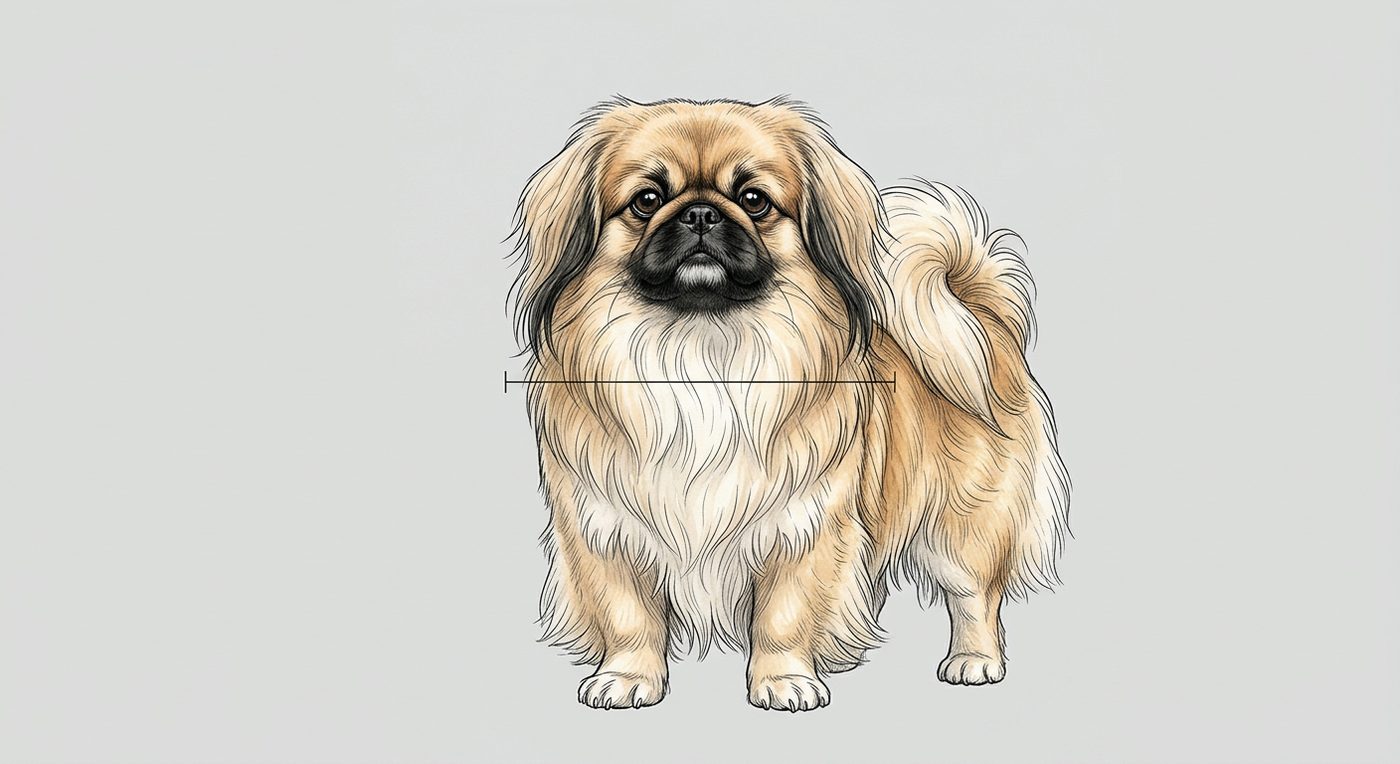 Pekingese Frontalansicht: Rassezeichnung mit Vermassung der Brustbreite (Illustration, KI-generiert)