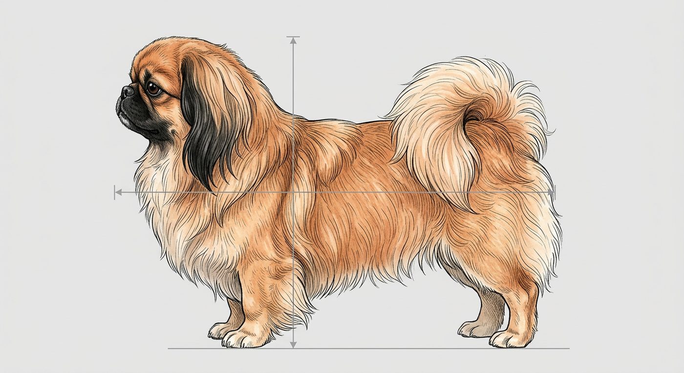Pekingese Seitenansicht: Rassezeichnung mit Vermassung von Körperlänge und Widerristhöhe (Illustration, KI-generiert)