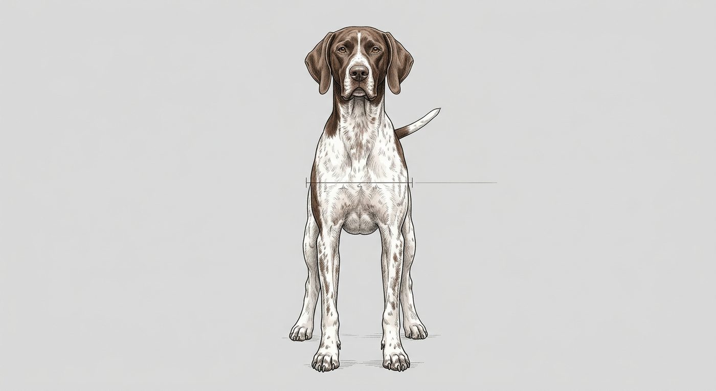Pointer Frontalansicht: Rassezeichnung mit Vermassung der Brustbreite (Illustration, KI-generiert)