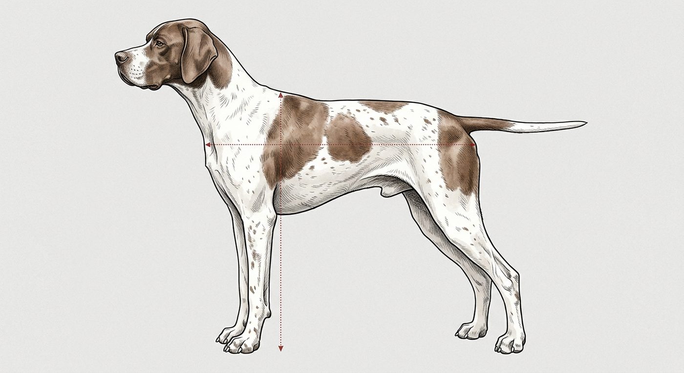Pointer Seitenansicht: Rassezeichnung mit Vermassung von Körperlänge und Widerristhöhe (Illustration, KI-generiert)