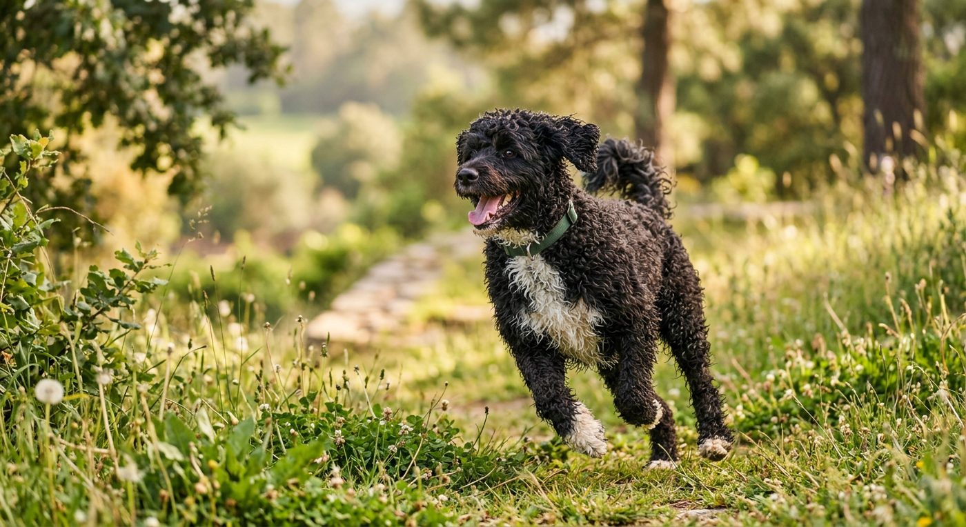 Aktiver, gesunder Portugiesischer Wasserhund im Freien (symbolische Fotodarstellung, KI-generiert)