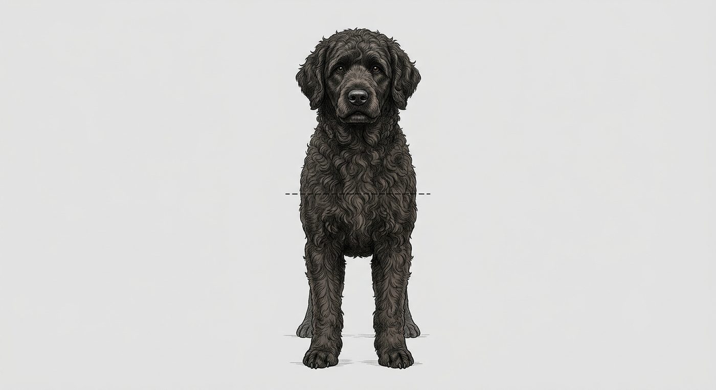 Portugiesischer Wasserhund Frontalansicht: Rassezeichnung mit Vermassung der Brustbreite (Illustration, KI-generiert)