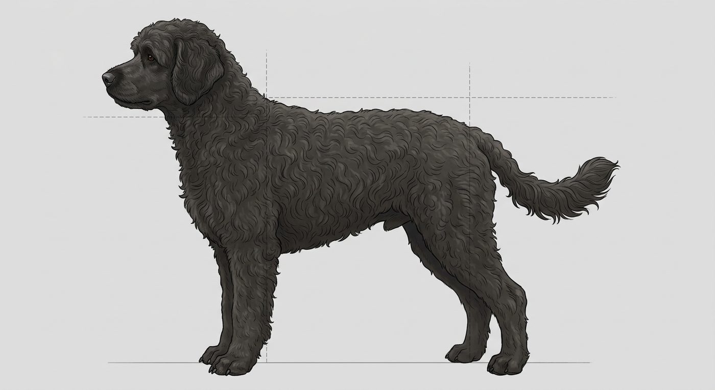 Portugiesischer Wasserhund Seitenansicht: Rassezeichnung mit Vermassung von Körperlänge und Widerristhöhe (Illustration, KI-generiert)