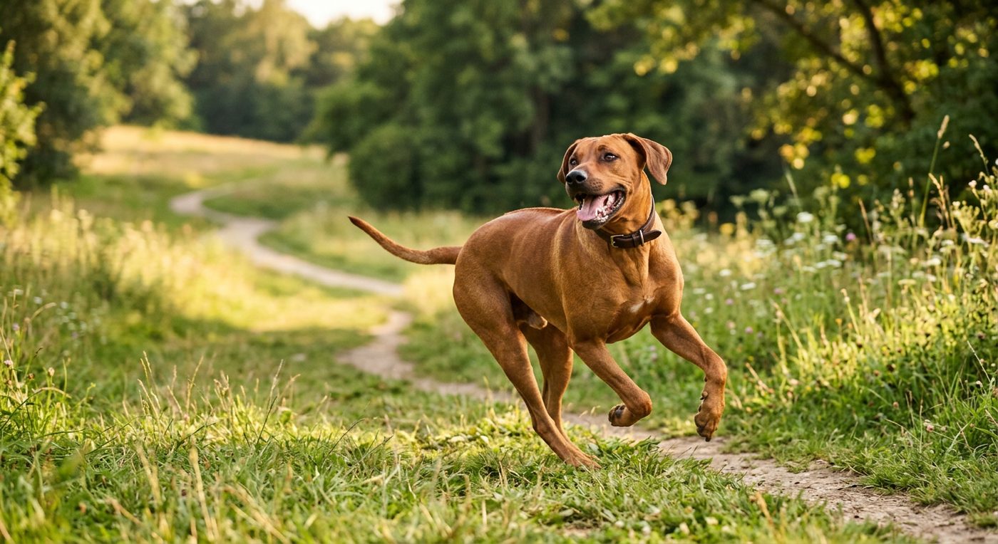 Aktiver, gesunder Rhodesian Ridgeback im Freien (symbolische Fotodarstellung, KI-generiert)
