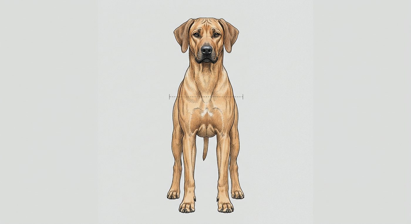 Rhodesian Ridgeback Frontalansicht: Rassezeichnung mit Vermassung der Brustbreite (Illustration, KI-generiert)