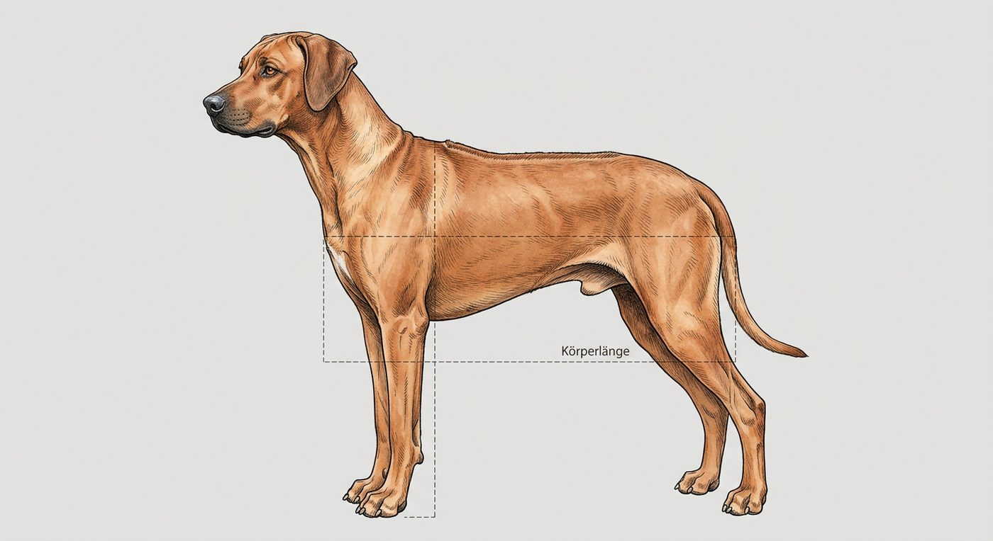Rhodesian Ridgeback Seitenansicht: Rassezeichnung mit Vermassung von Körperlänge und Widerristhöhe (Illustration, KI-generiert)