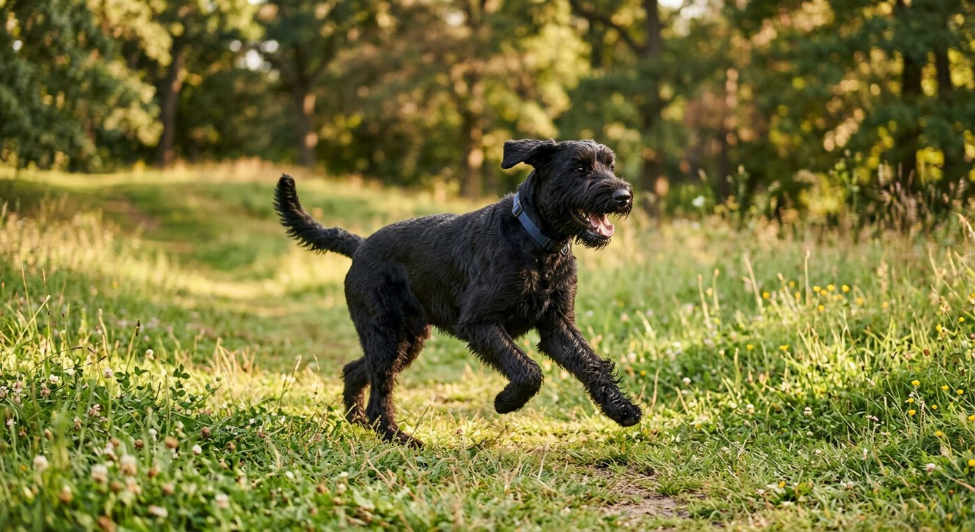 Aktiver, gesunder Riesenschnauzer im Freien (symbolische Fotodarstellung, KI-generiert)