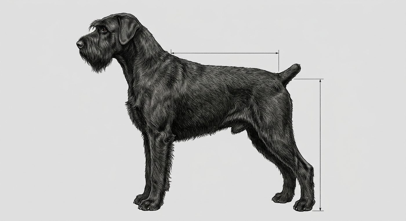 Riesenschnauzer Seitenansicht: Rassezeichnung mit Vermassung von Körperlänge und Widerristhöhe (Illustration, KI-generiert)
