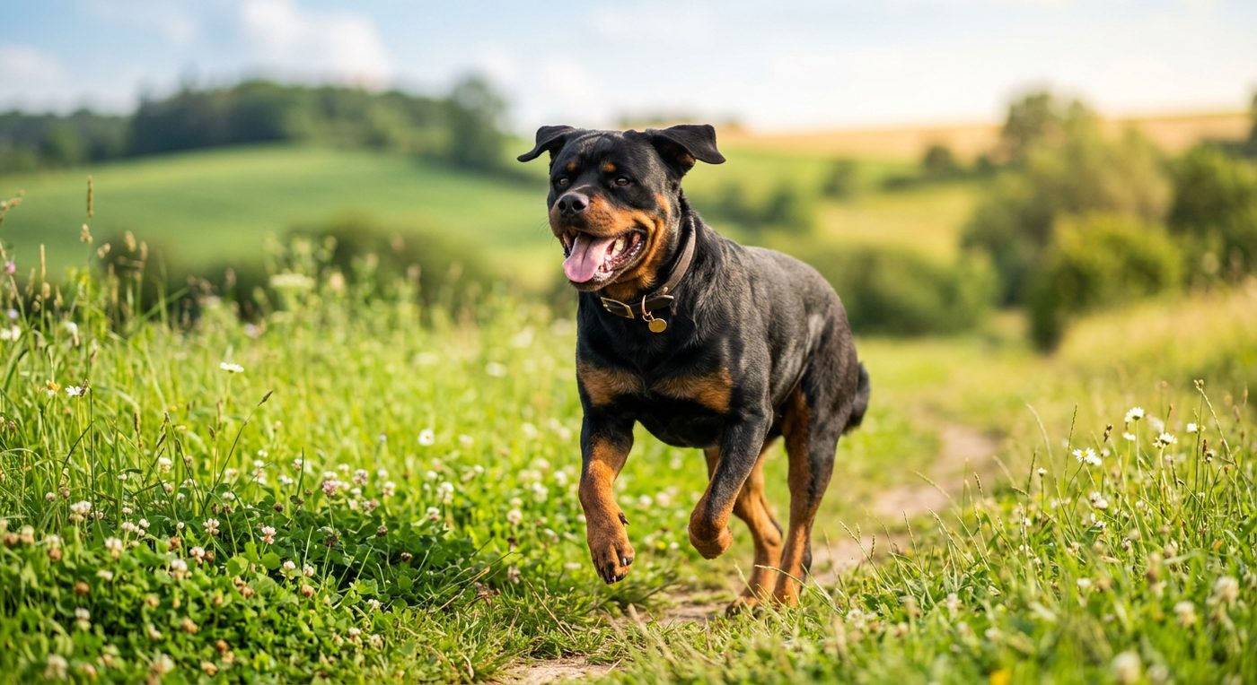 Aktiver, gesunder Rottweiler beim Rennen über eine Wiese (symbolische Fotodarstellung, KI-generiert)