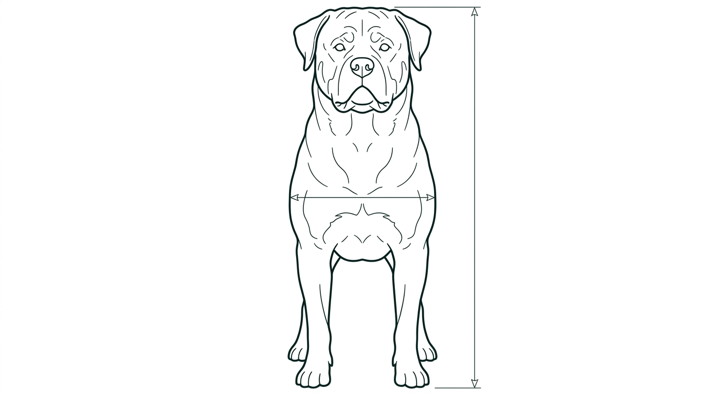 Rottweiler Frontalansicht: Rassezeichnung mit Vermassung der Brustbreite (Illustration, KI-generiert)