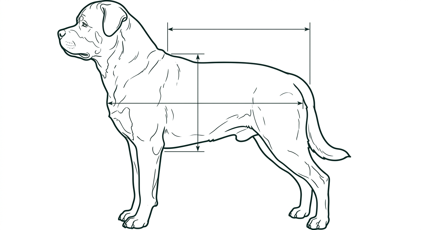 Rottweiler Seitenansicht: Rassezeichnung mit Vermassung von Körperlänge und Widerristhöhe (Illustration, KI-generiert)
