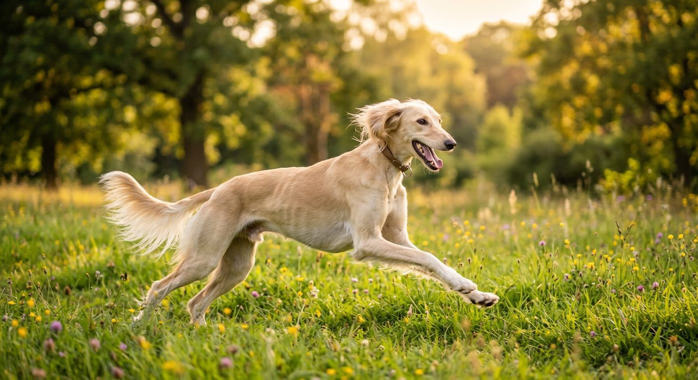 Aktiver, gesunder Saluki im Freien (symbolische Fotodarstellung, KI-generiert)