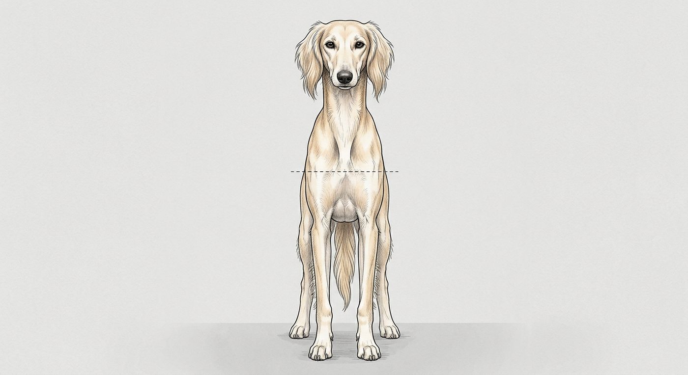 Saluki Frontalansicht: Rassezeichnung mit Vermassung der Brustbreite (Illustration, KI-generiert)
