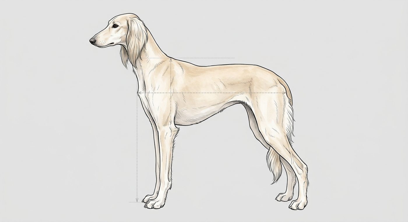 Saluki Seitenansicht: Rassezeichnung mit Vermassung von Körperlänge und Widerristhöhe (Illustration, KI-generiert)