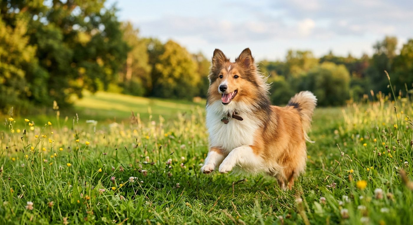 Aktiver, gesunder Shetland Sheepdog im Freien (symbolische Fotodarstellung, KI-generiert)