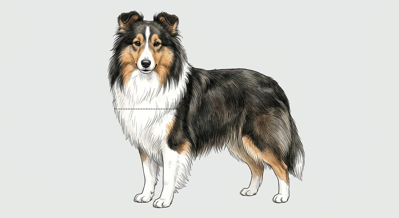 Shetland Sheepdog Frontalansicht: Rassezeichnung mit Vermassung der Brustbreite (Illustration, KI-generiert)