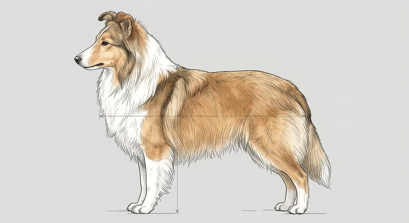 Shetland Sheepdog Seitenansicht: Rassezeichnung mit Vermassung von Körperlänge und Widerristhöhe (Illustration, KI-generiert)