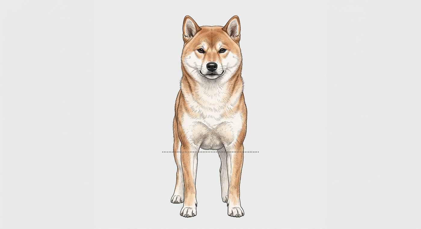 Shiba Inu Frontalansicht: Rassezeichnung mit Vermassung der Brustbreite (Illustration, KI-generiert)