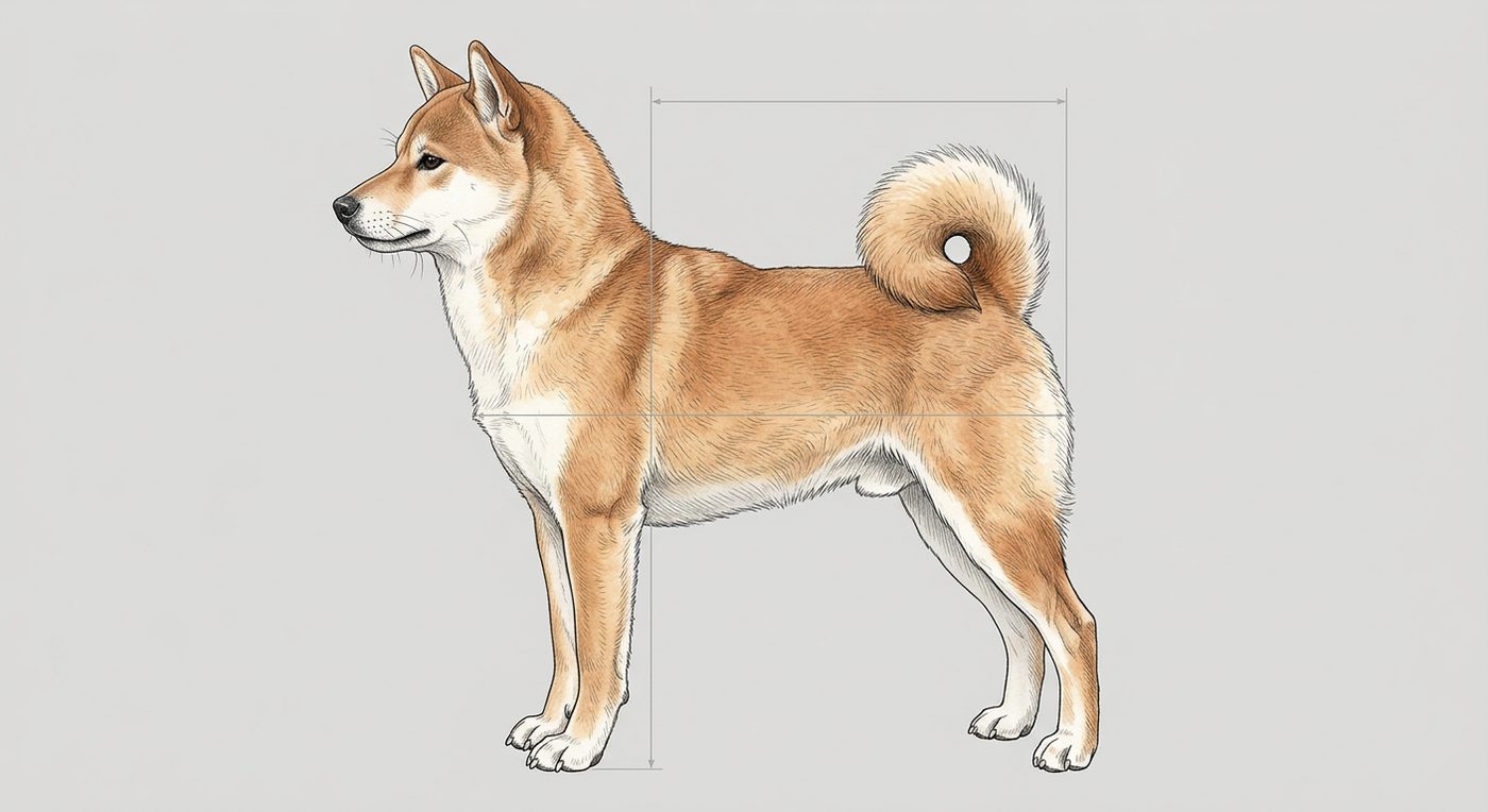 Shiba Inu Seitenansicht: Rassezeichnung mit Vermassung von Körperlänge und Widerristhöhe (Illustration, KI-generiert)