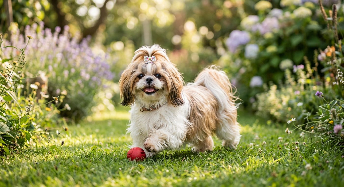 Aktiver, gesunder Shih Tzu beim Spielen im Garten (symbolische Fotodarstellung, KI-generiert)