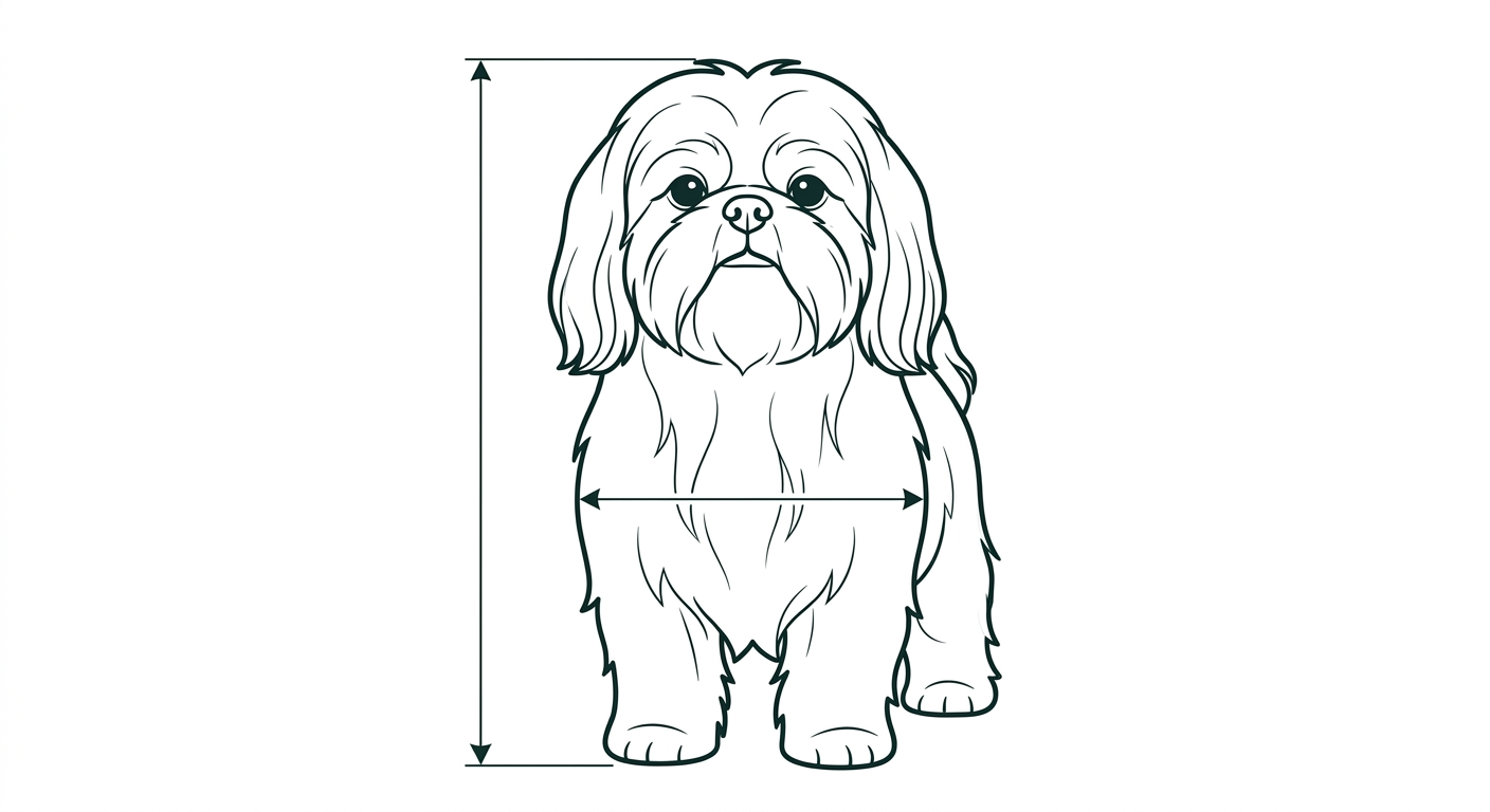 Shih Tzu Frontalansicht: Rassezeichnung mit Vermassung der Brustbreite (Illustration, KI-generiert)