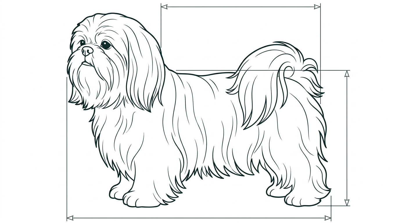 Shih Tzu Seitenansicht: Rassezeichnung mit Vermassung von Körperlänge und Widerristhöhe (Illustration, KI-generiert)